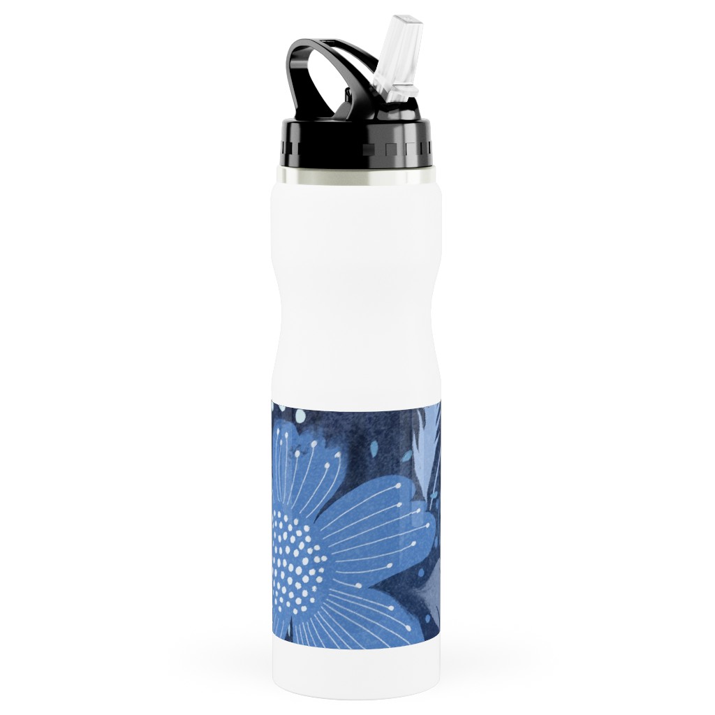 Shibori Flower Abundance - Blue Stainless Steel Water Bottle with Straw, 25oz, With Straw, Blue