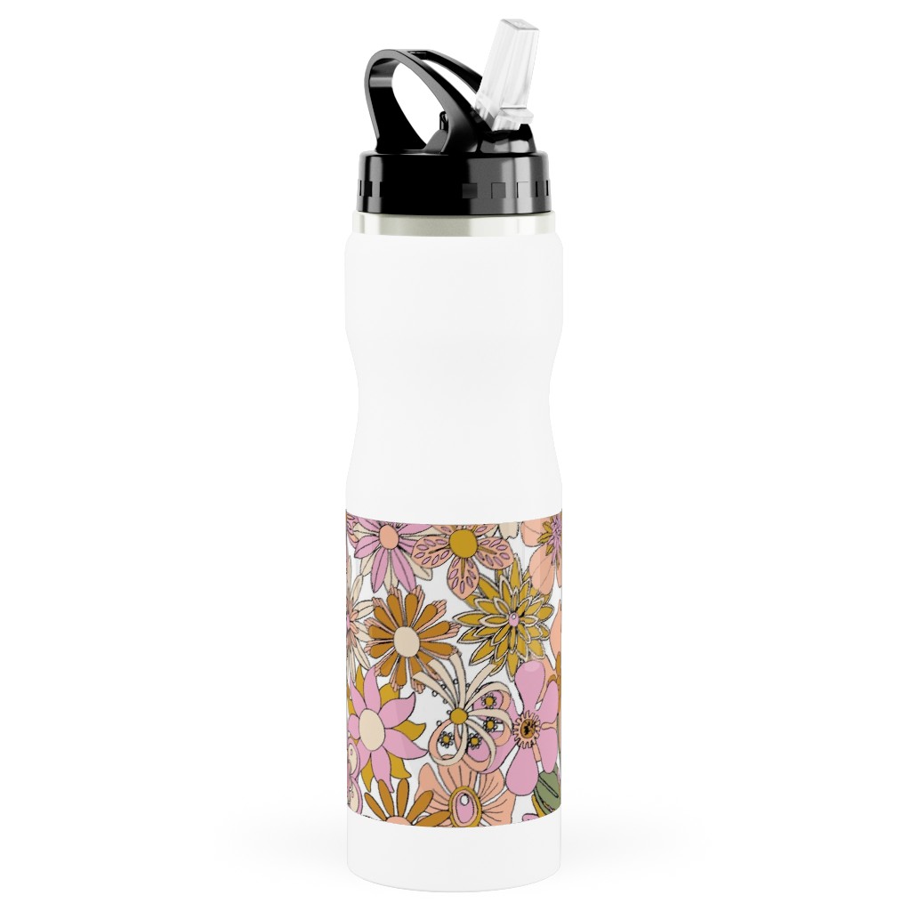 Chelsea Vintage Floral Garden - Pink Stainless Steel Water Bottle with Straw, 25oz, With Straw, Pink, Bright Pink
