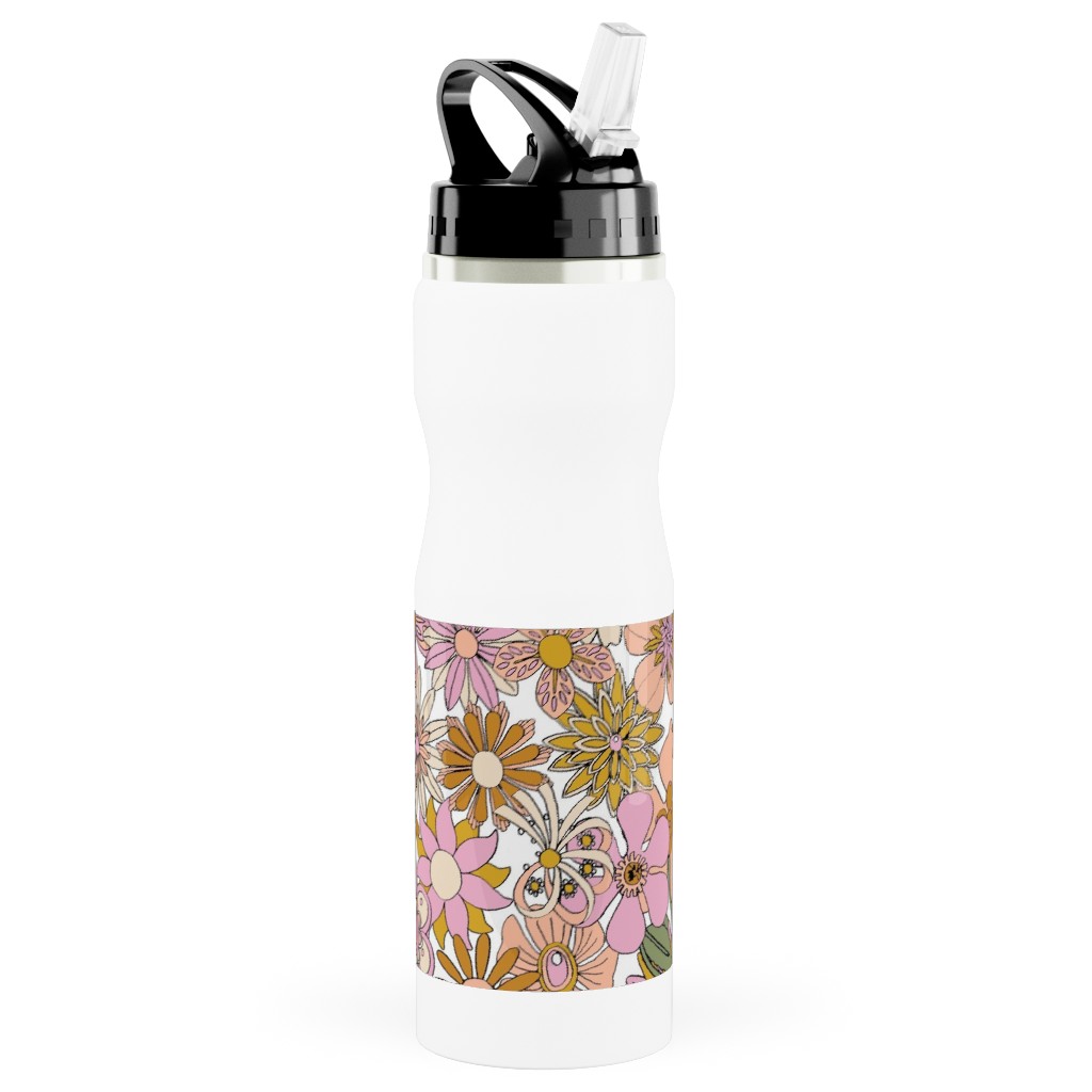 Chelsea Vintage Floral Garden - Pink Stainless Steel Water Bottle with Straw, 25oz, With Straw, Pink