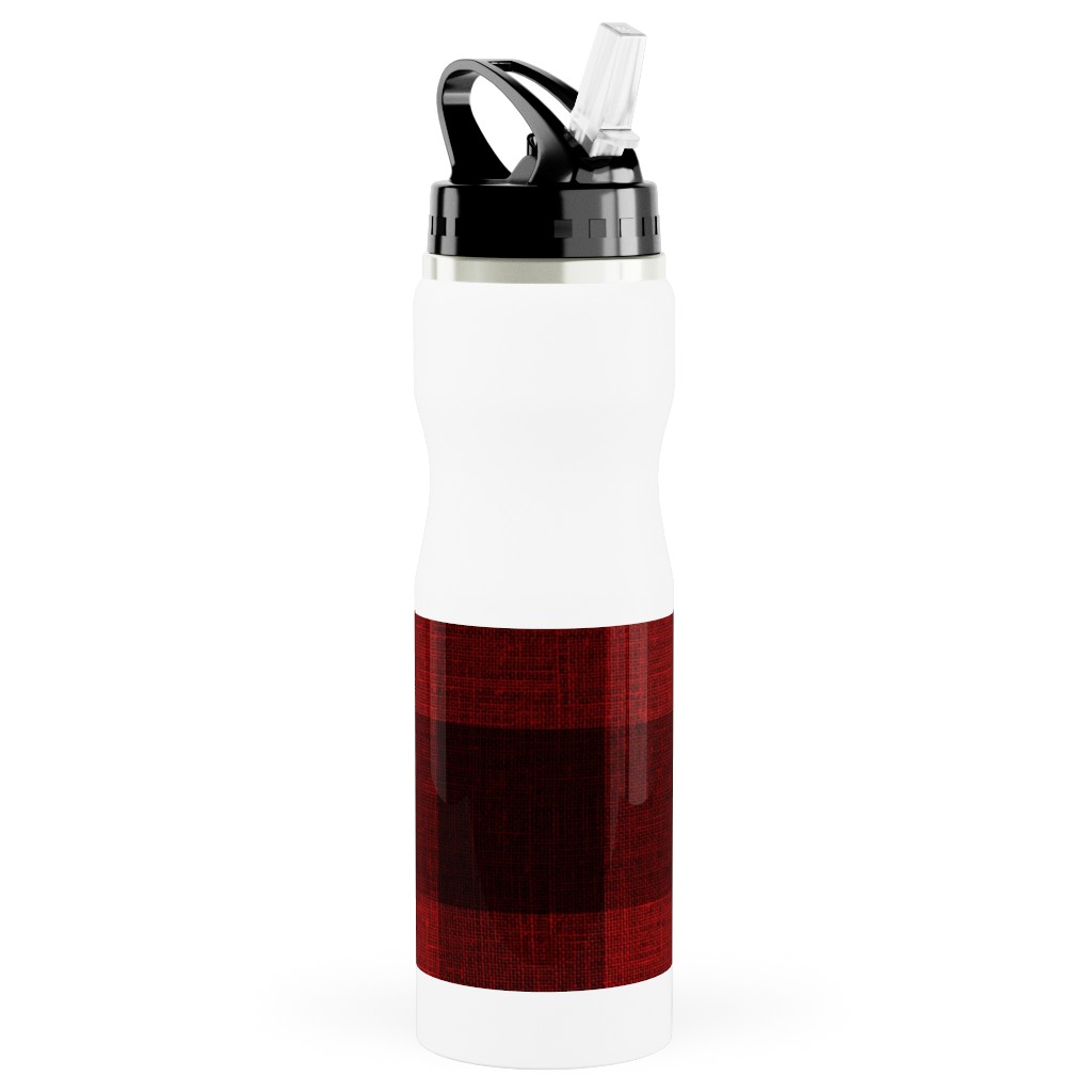 Linen Look Gingham Lumberjack - Red, Black Stainless Steel Water Bottle with Straw, 25oz, With Straw, Red, Red