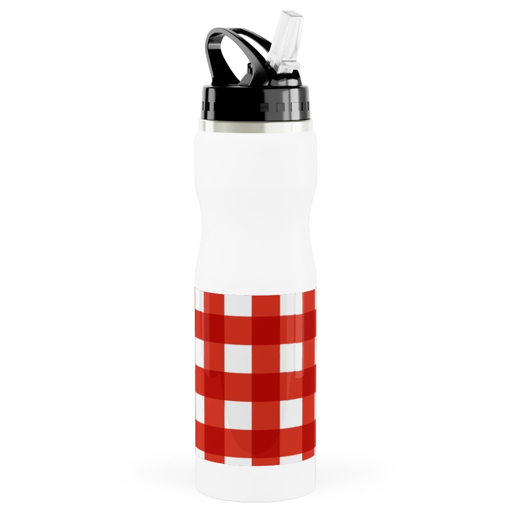 Gingham Plaid Check Stainless Steel Water Bottle with Straw, 25oz, With Straw, Red