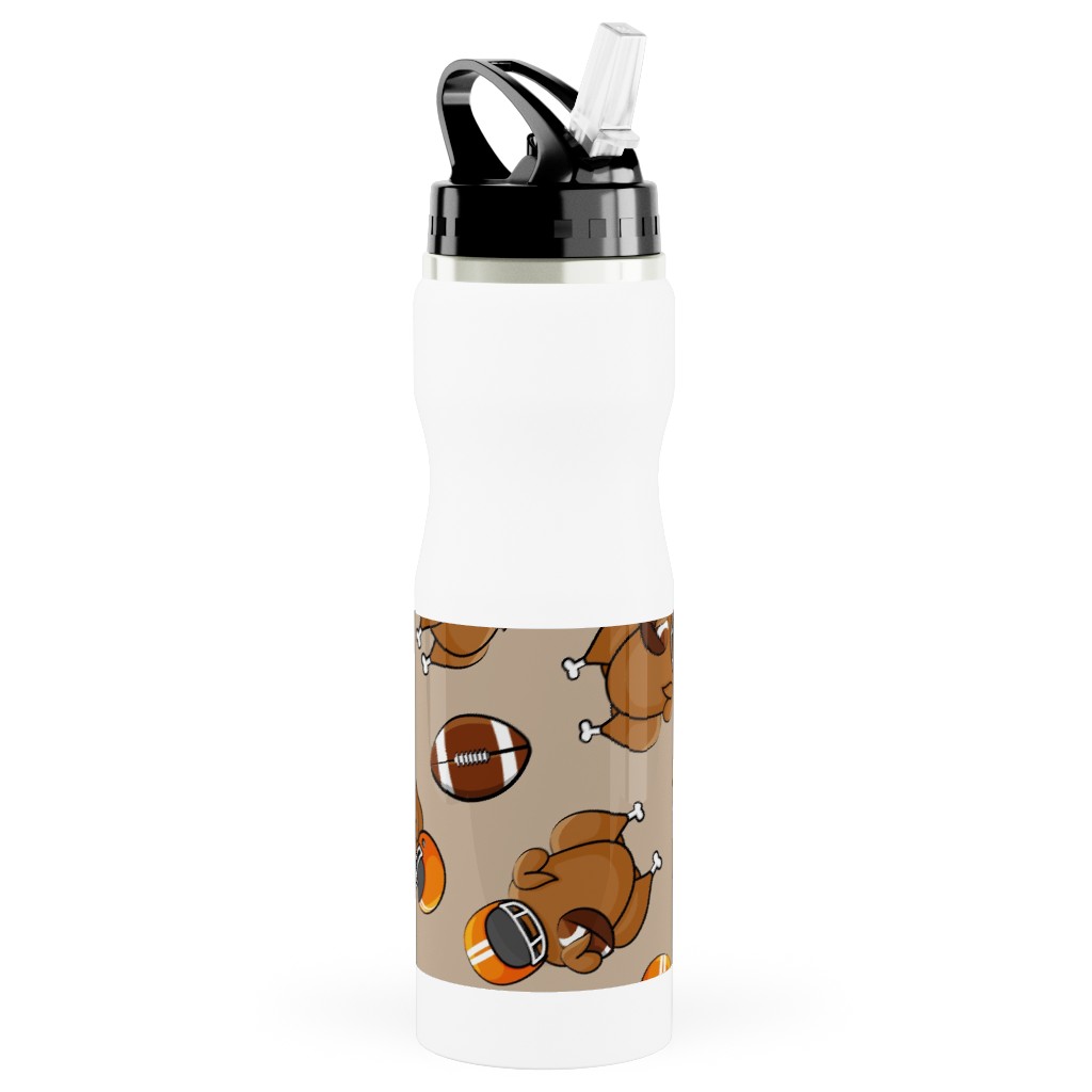 Football Turkey With Helmet and Football - Orange on Tan Stainless Steel Water Bottle with Straw, 25oz, With Straw, Beige, Pearl