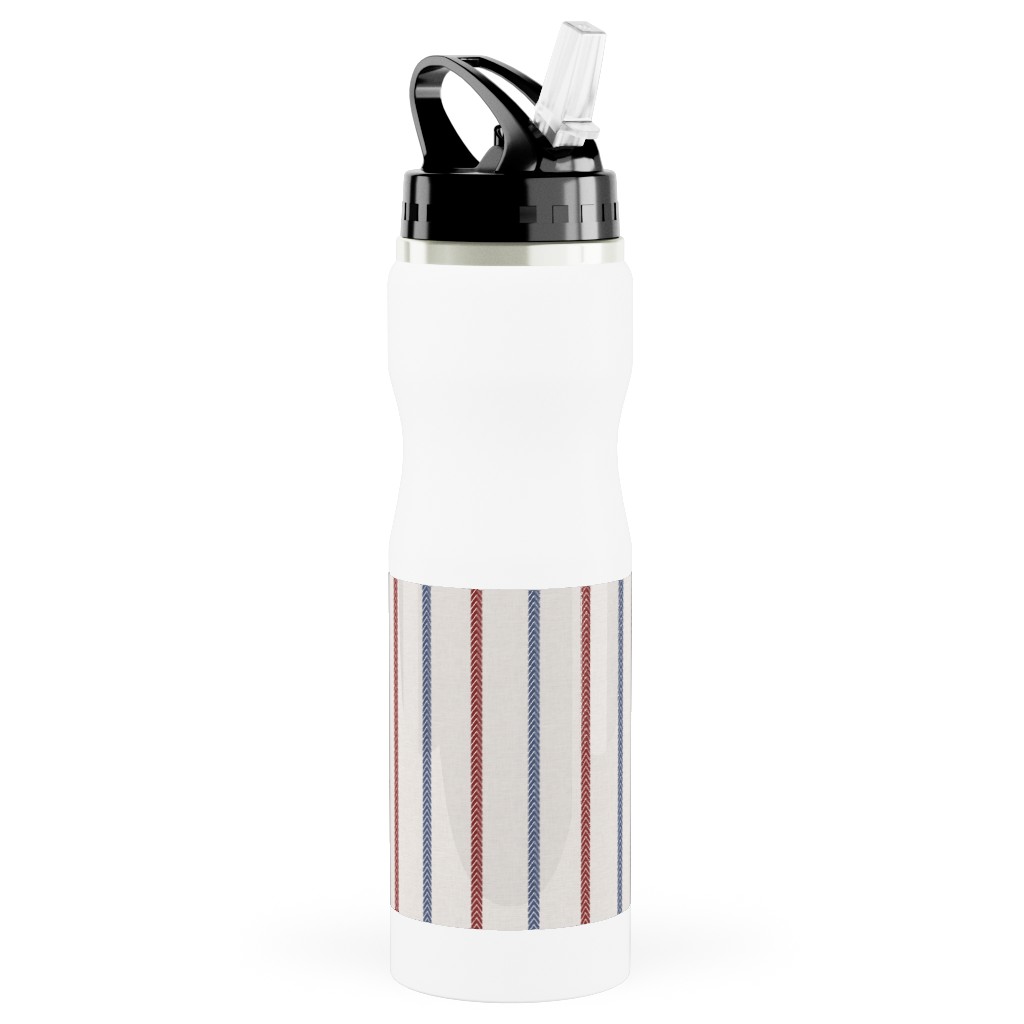 Baseball Ball Stitch Ticking Stripe on Soft Gray Stainless Steel Water Bottle with Straw, 25oz, With Straw, Beige