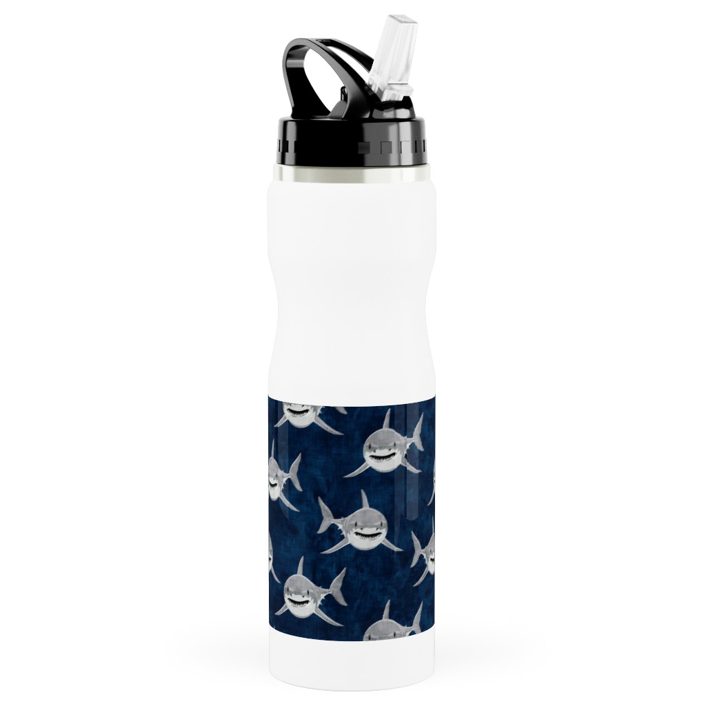 Great White Sharks - Blue Stainless Steel Water Bottle with Straw, 25oz, With Straw, Blue
