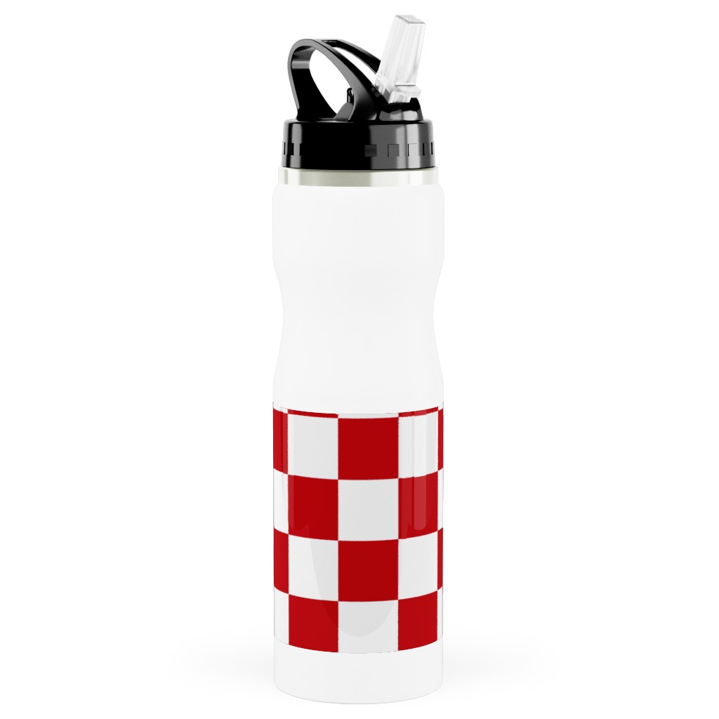 Checkerboard - Red and White Stainless Steel Water Bottle with Straw, 25oz, With Straw, Red