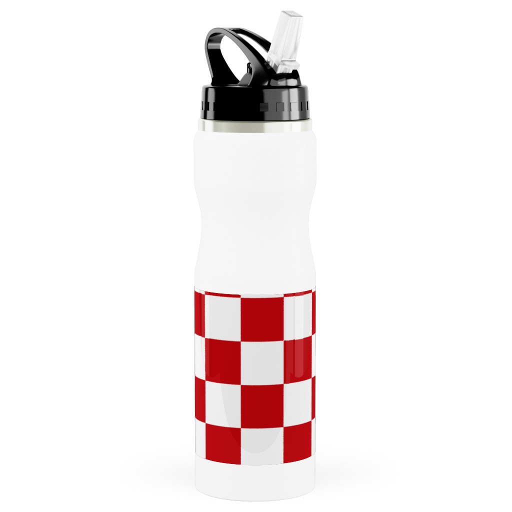 Checkerboard - Red and White Stainless Steel Water Bottle with Straw, 25oz, With Straw, Red