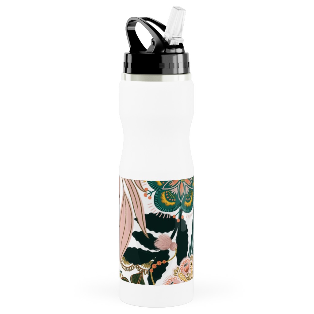Boho Tropical - Floral - Multi Light Stainless Steel Water Bottle with Straw, 25oz, With Straw, Multicolor