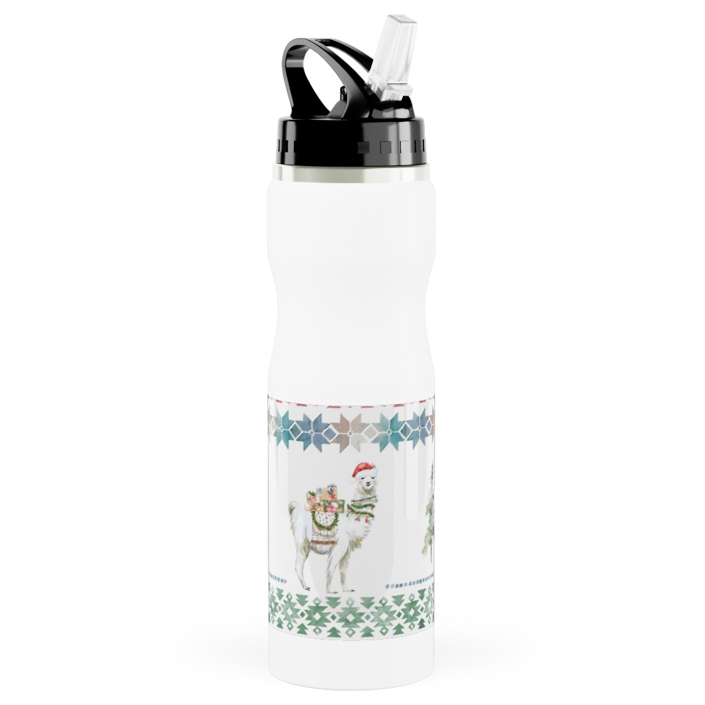 Christmas Llama Sweater Print - Multi Stainless Steel Water Bottle with Straw, 25oz, With Straw, Multicolor