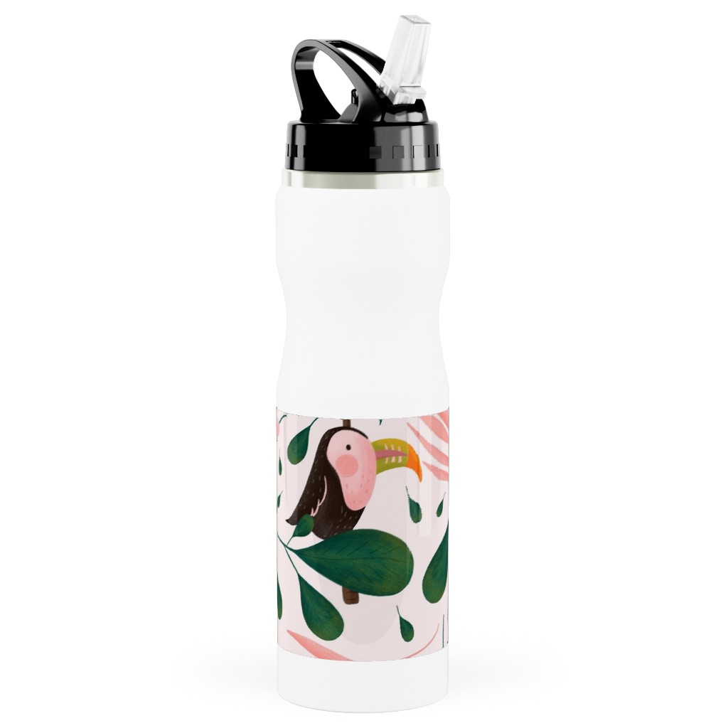 Jungle Pattern - Pink Stainless Steel Water Bottle with Straw, 25oz, With Straw, Pink