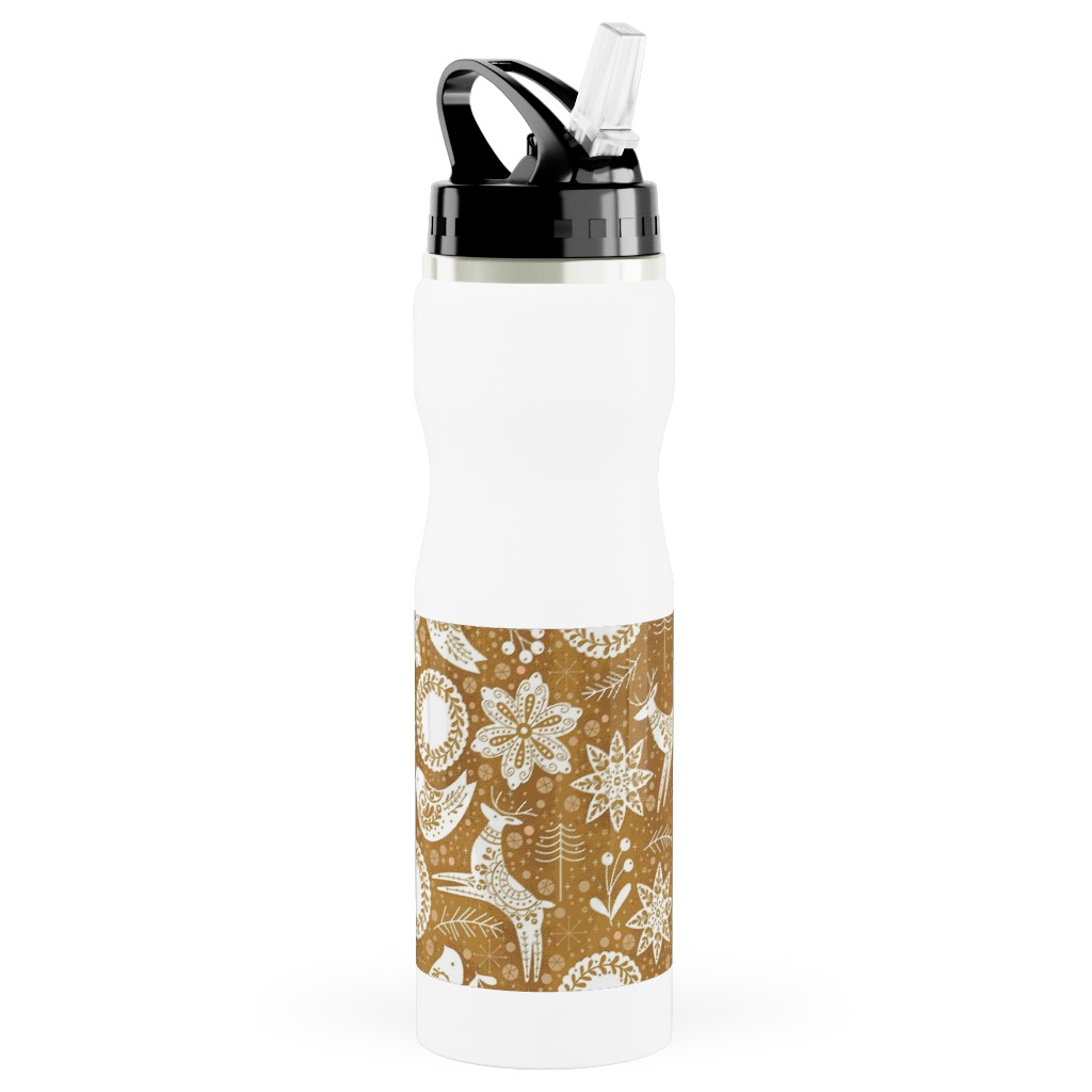 Gingerbread Forest - Brown Stainless Steel Water Bottle with Straw, 25oz, With Straw, Brown