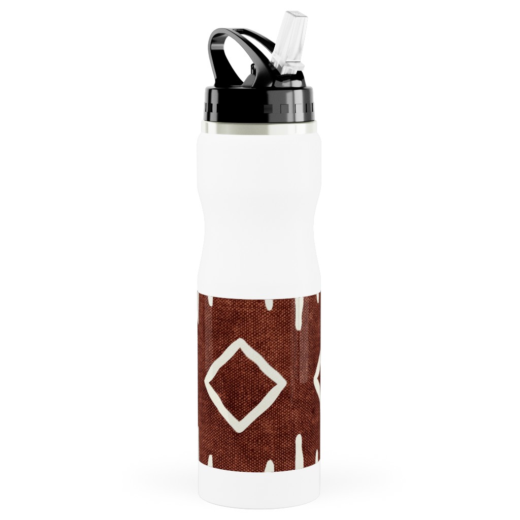 Diamond Mud Cloth Stainless Steel Water Bottle with Straw, 25oz, With Straw, Brown, Chestnut