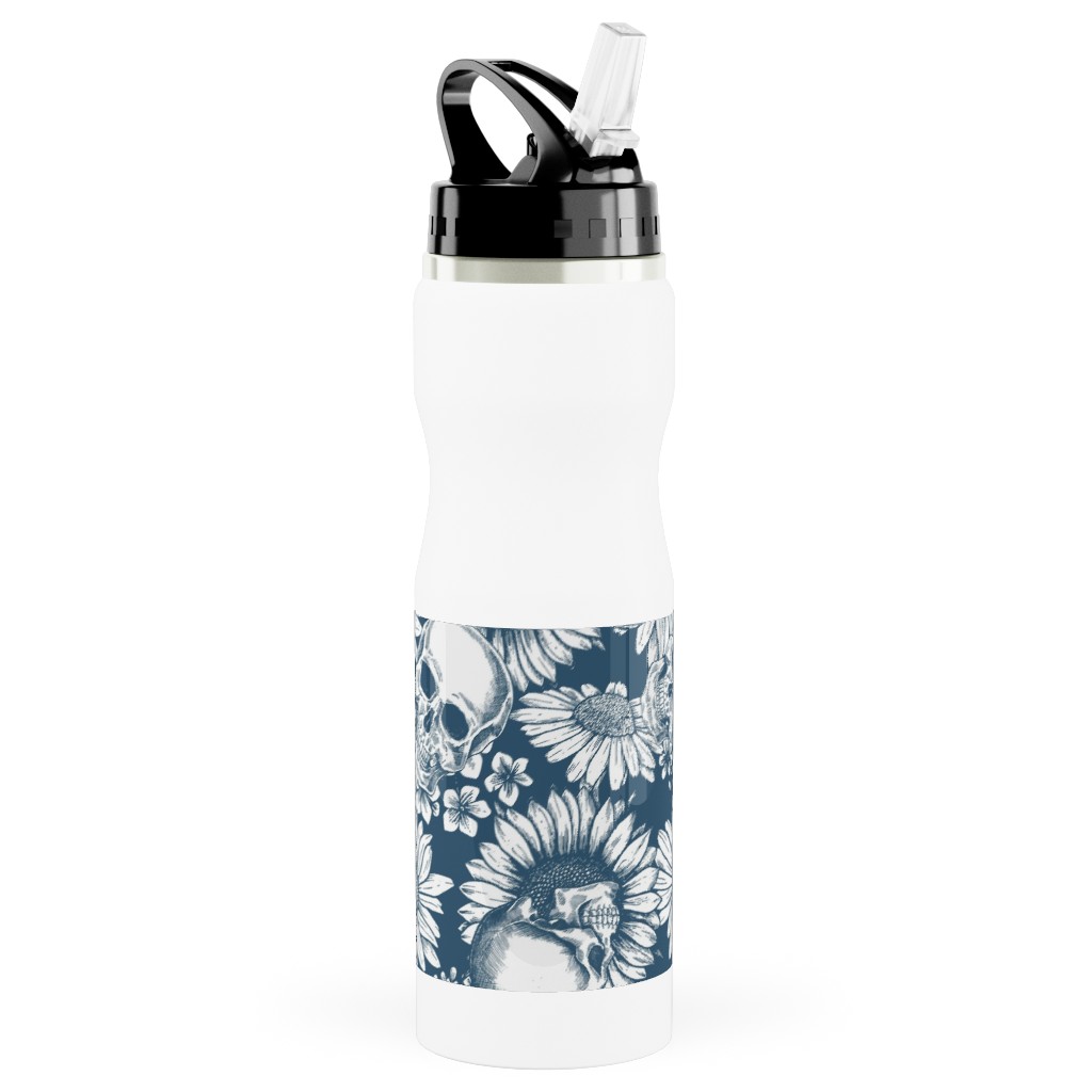 Floral Skull - Blue Stainless Steel Water Bottle with Straw, 25oz, With Straw, Blue