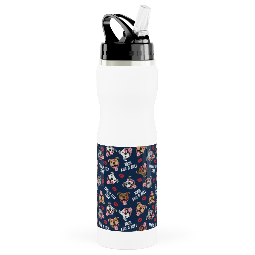 100% Kiss a Bull - Cute Pit Bull Dog - Red and Blue Stainless Steel Water Bottle with Straw, 25oz, With Straw, Blue