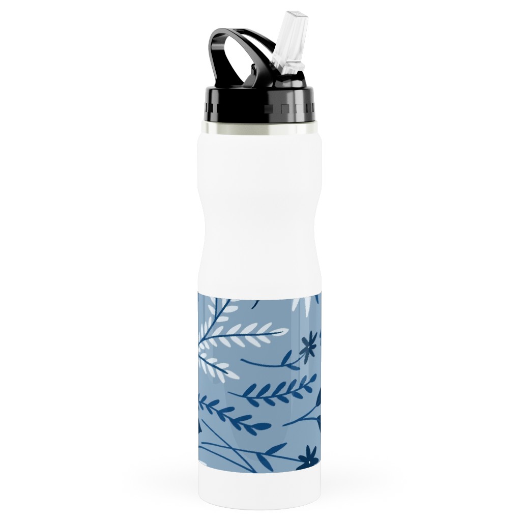 Dotty Floral - Blue Stainless Steel Water Bottle with Straw, 25oz, With Straw, Blue