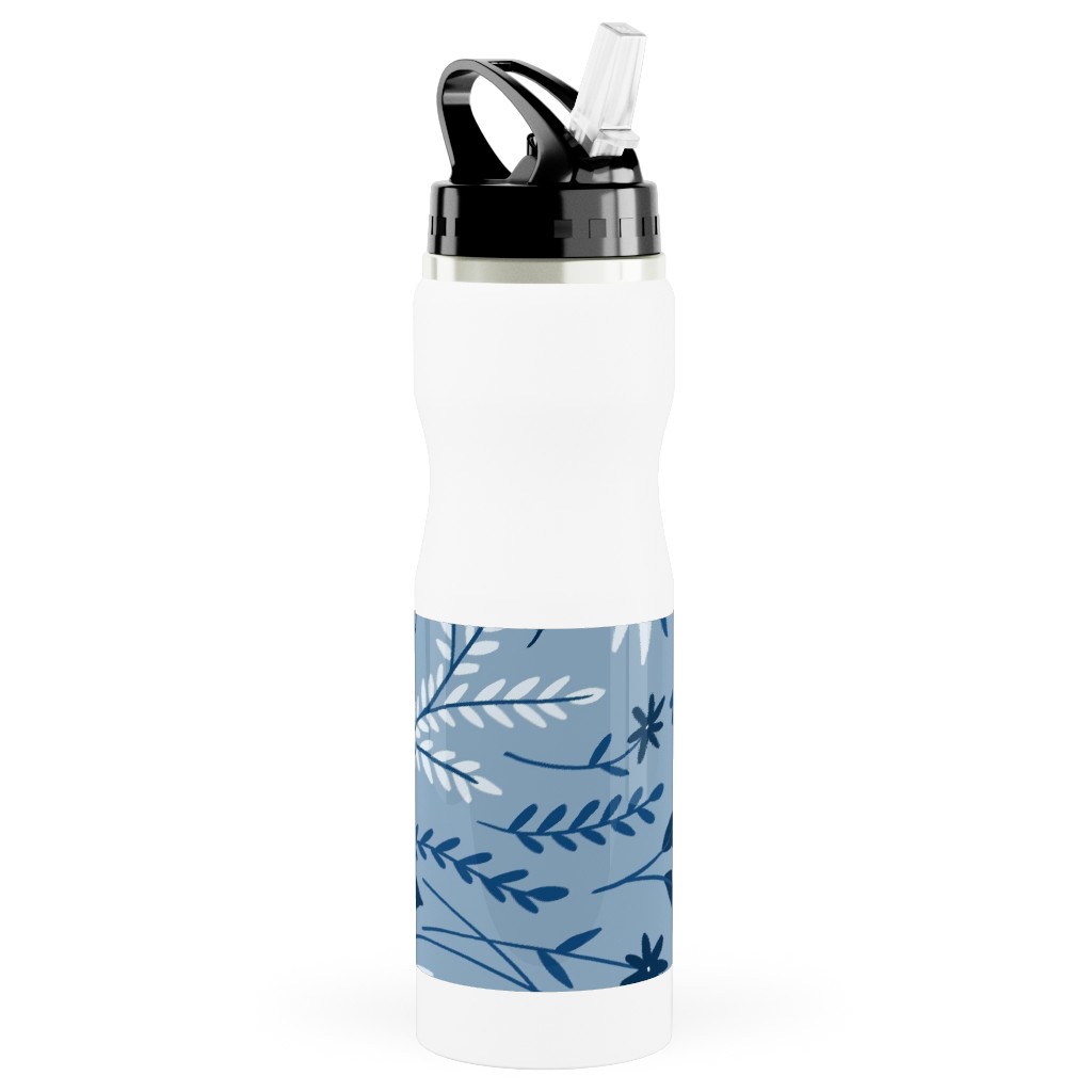 Dotty Floral - Blue Stainless Steel Water Bottle with Straw, 25oz, With Straw, Blue, True Blue