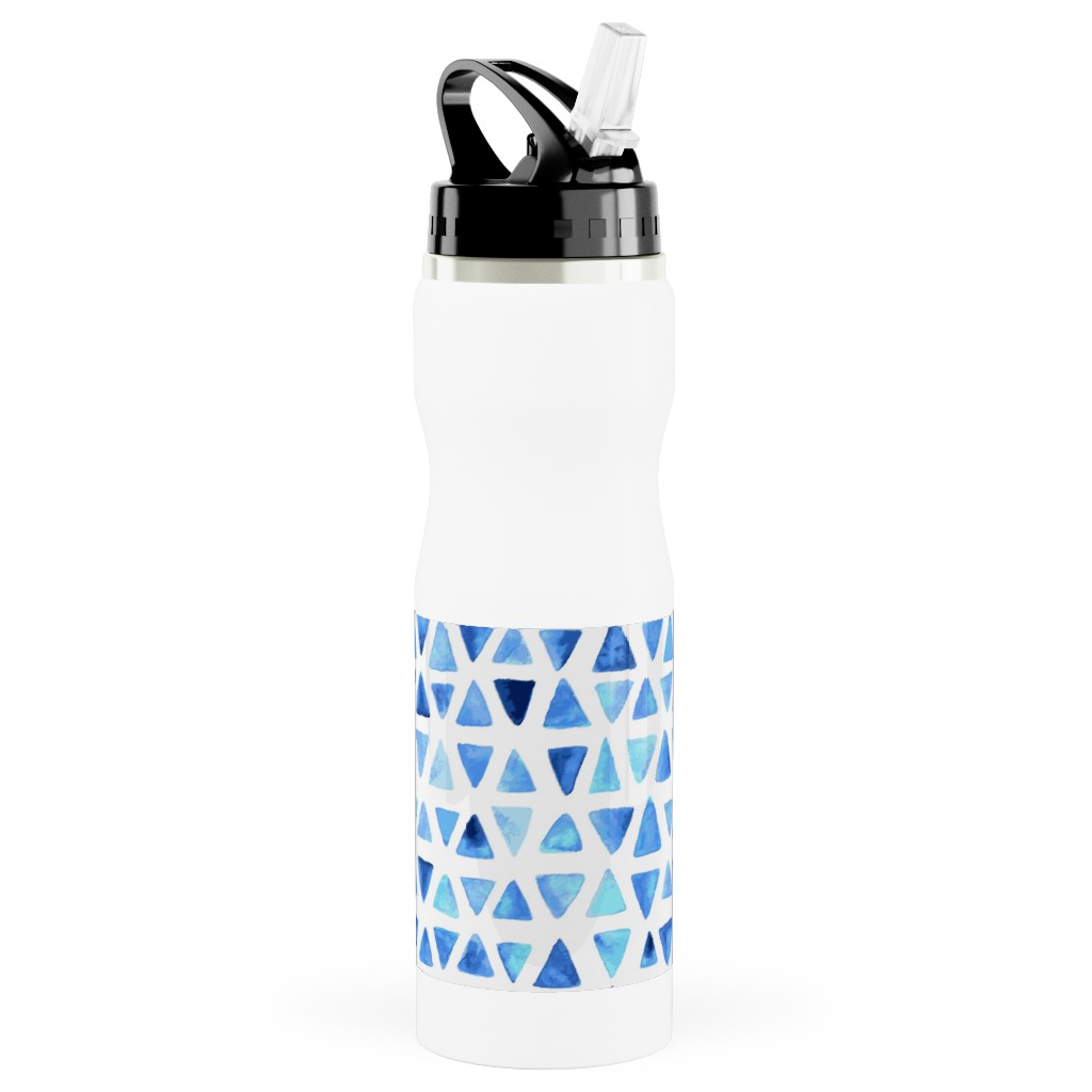 Watercolor Triangles - Blue Stainless Steel Water Bottle with Straw, 25oz, With Straw, Blue