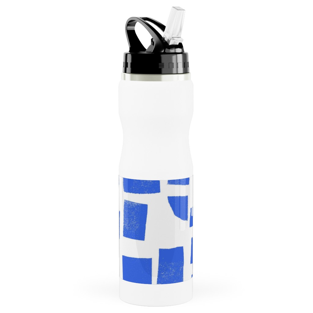 Blue Check Stainless Steel Water Bottle with Straw, 25oz, With Straw, Blue
