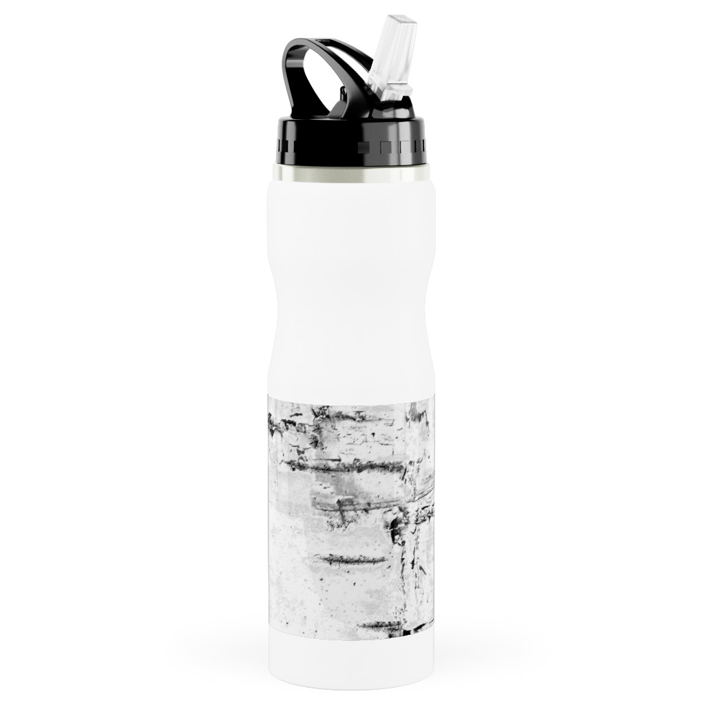 Birch Bark - White, Gray Stainless Steel Water Bottle with Straw, 25oz, With Straw, Gray