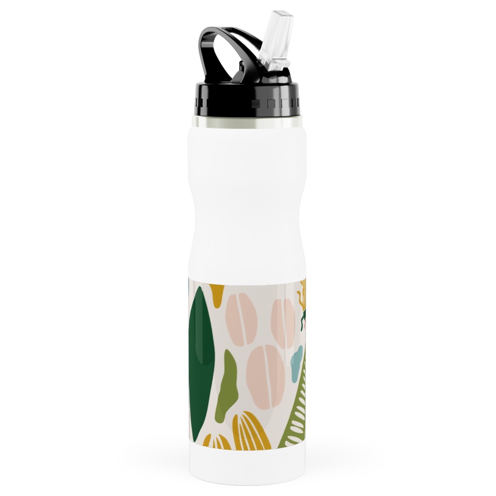 Tropical Adventure Woodcut - Multi Stainless Steel Water Bottle with Straw, 25oz, With Straw, Multicolor