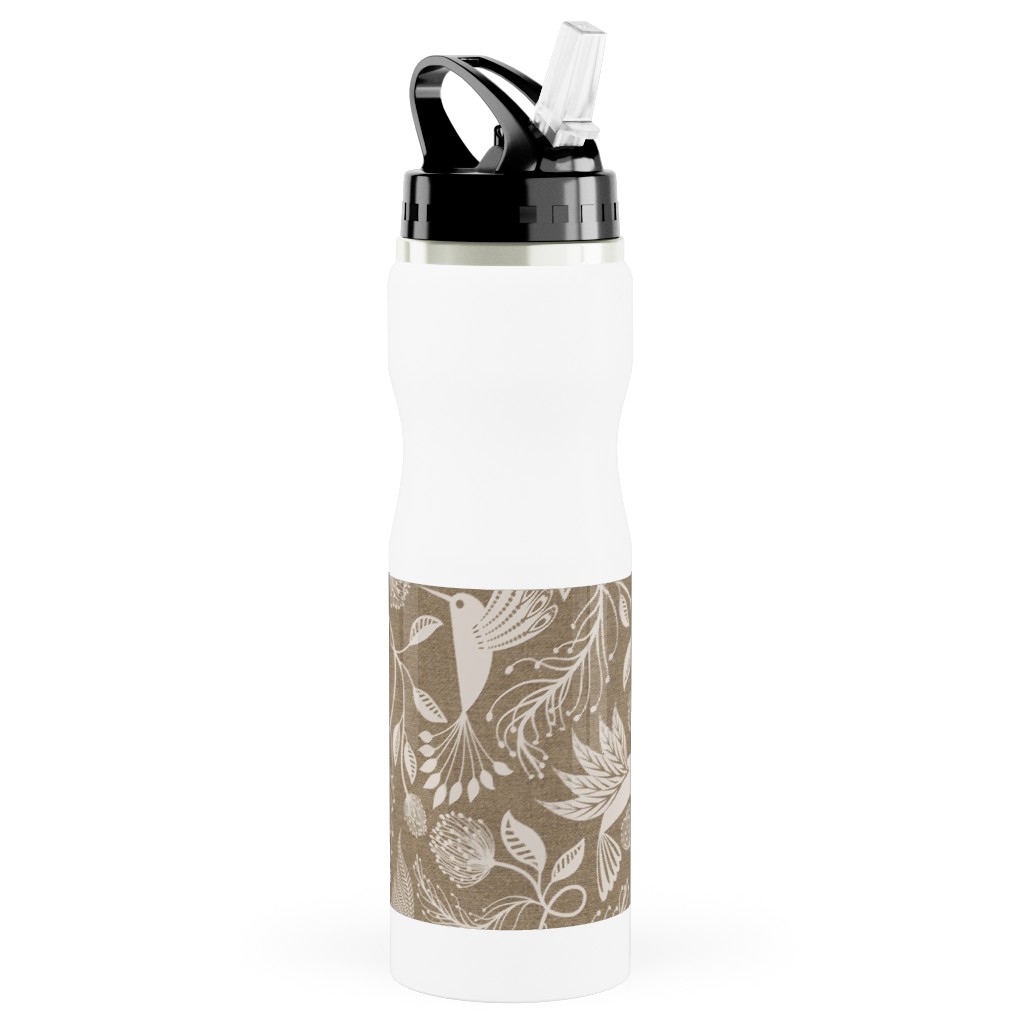 Papercutting Floral and Hummingbirds - Neutral Stainless Steel Water Bottle with Straw, 25oz, With Straw, Beige, Pearl