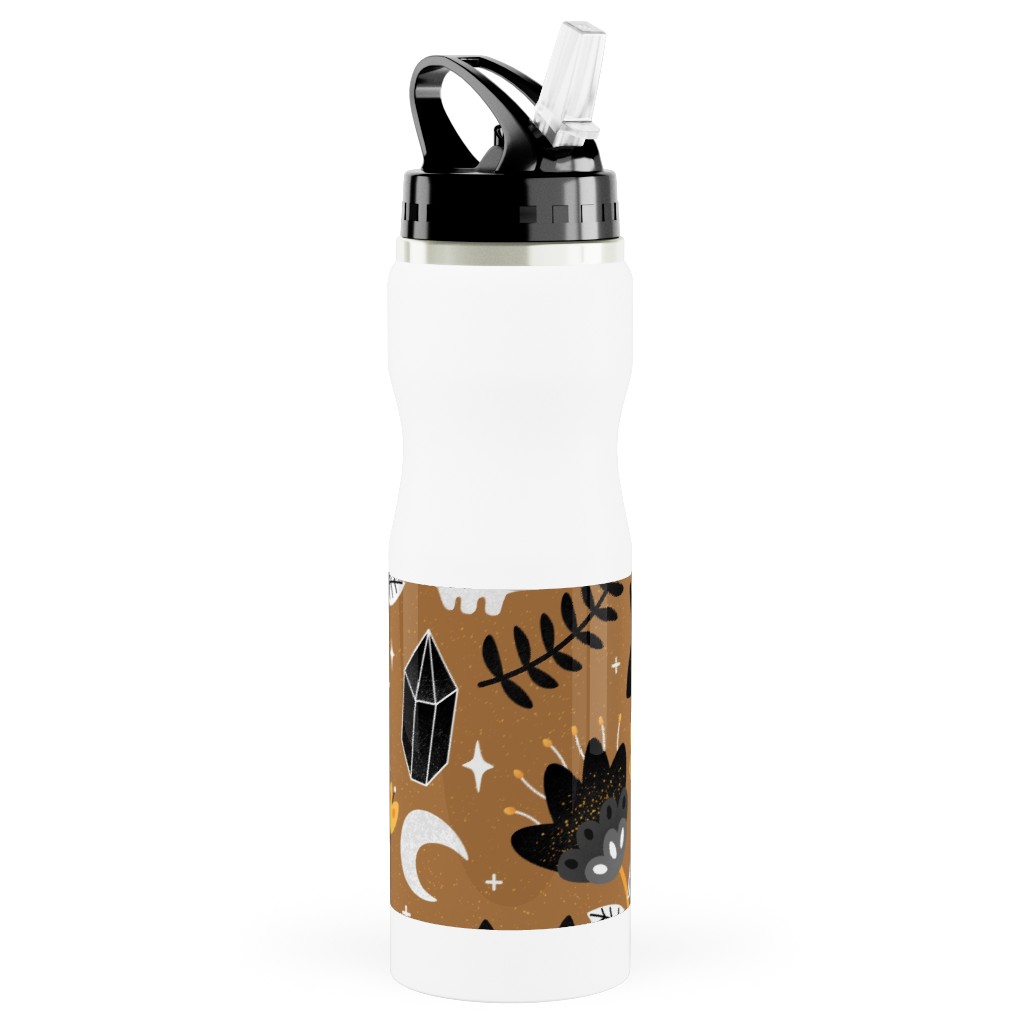 Black Cat & Floral Skull Stainless Steel Water Bottle with Straw, 25oz, With Straw, Brown, Brown