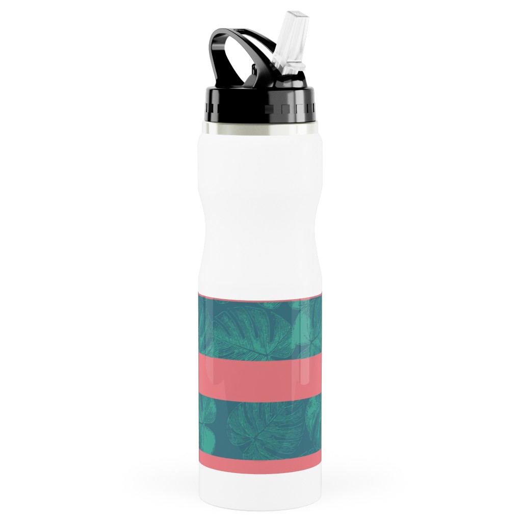 Monstera Leaf Stripes Stainless Steel Water Bottle with Straw, 25oz, With Straw, Green