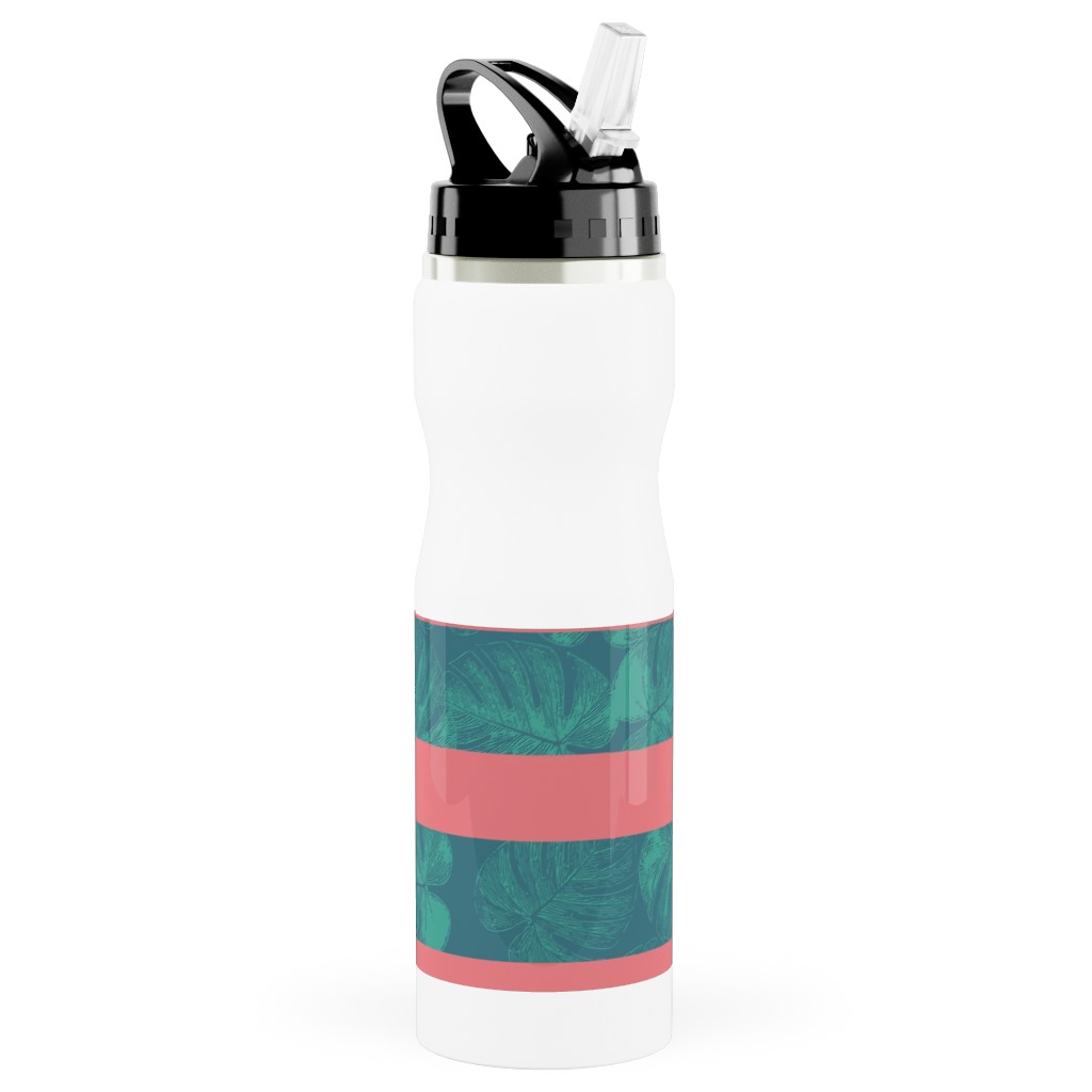 Monstera Leaf Stripes Stainless Steel Water Bottle with Straw, 25oz, With Straw, Green, Classic Green