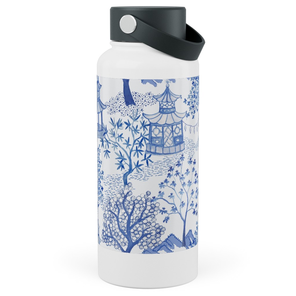 Pagoda Forest - Blue Stainless Steel Wide Mouth Water Bottle, 30oz, Wide Mouth, Blue, True Blue