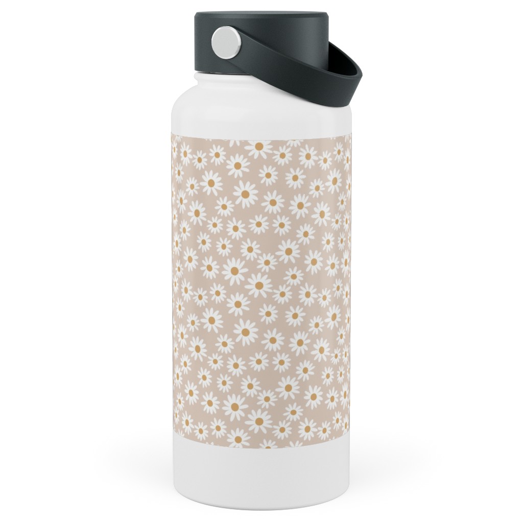 Daisy Print Stainless Steel Wide Mouth Water Bottle, 30oz, Wide Mouth, Beige, Pearl