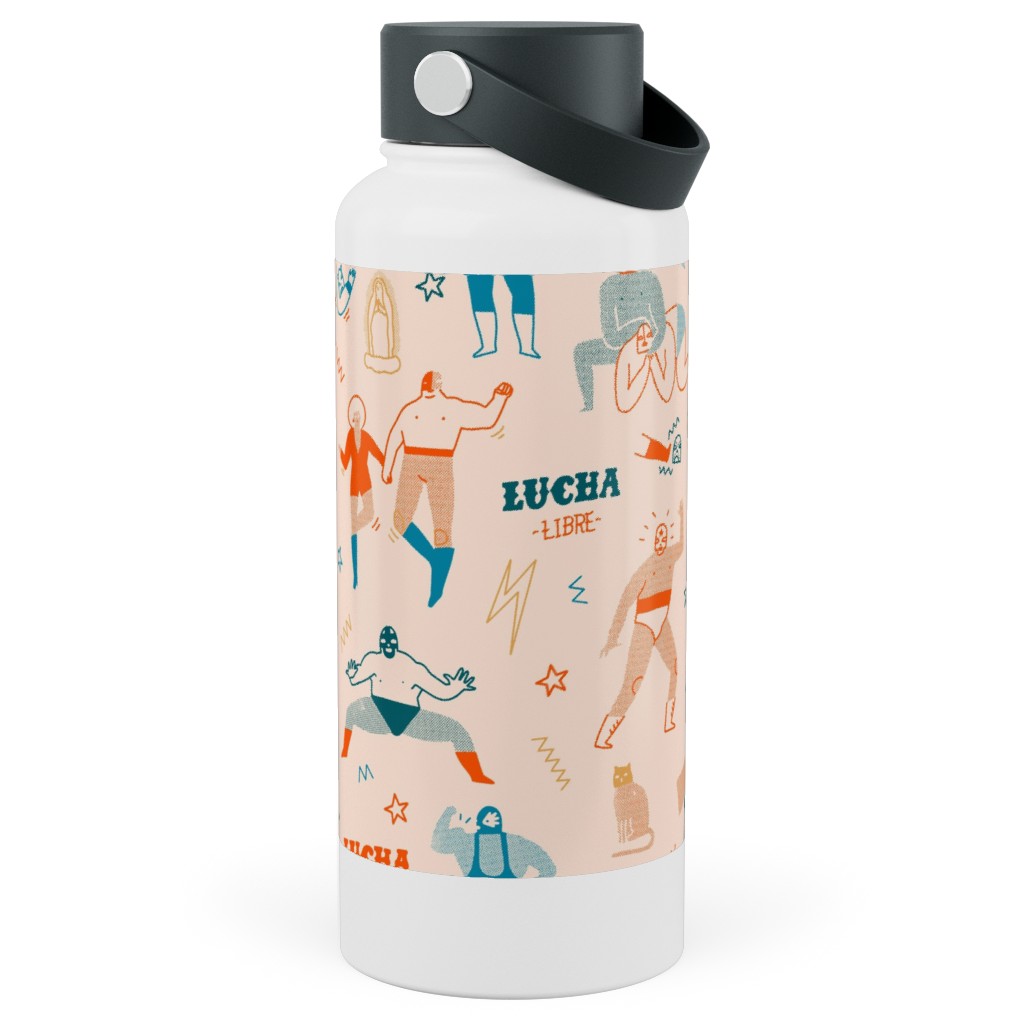Mexican Lucha Libre - Beige Stainless Steel Wide Mouth Water Bottle, 30oz, Wide Mouth, Beige, Pearl