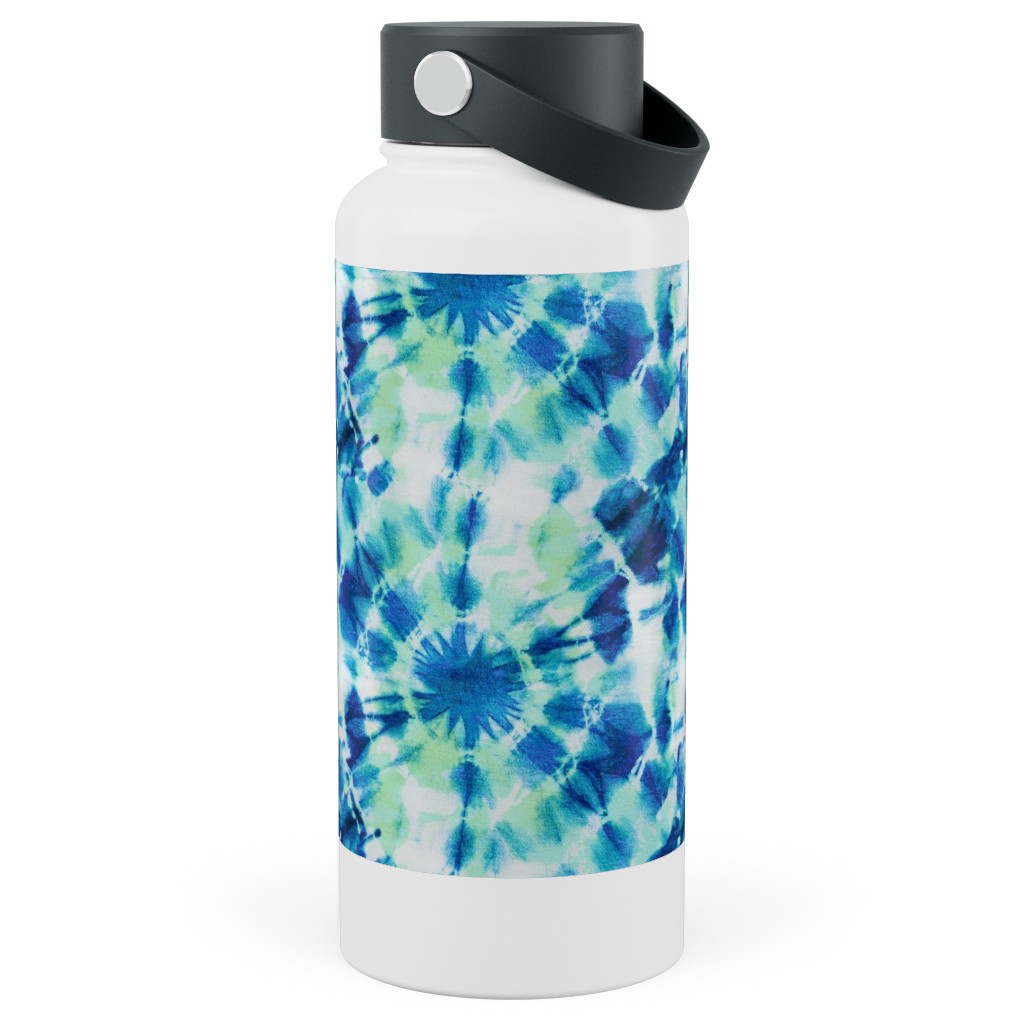 Ink Splat Indigo and Green Tie Dye Stainless Steel Wide Mouth Water Bottle, 30oz, Wide Mouth, Blue, True Blue