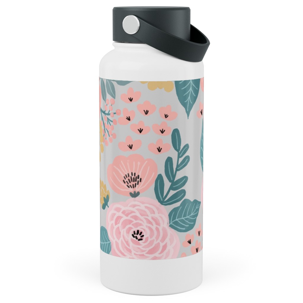 June Botanicals - Gray Stainless Steel Wide Mouth Water Bottle, 30oz, Wide Mouth, Pink