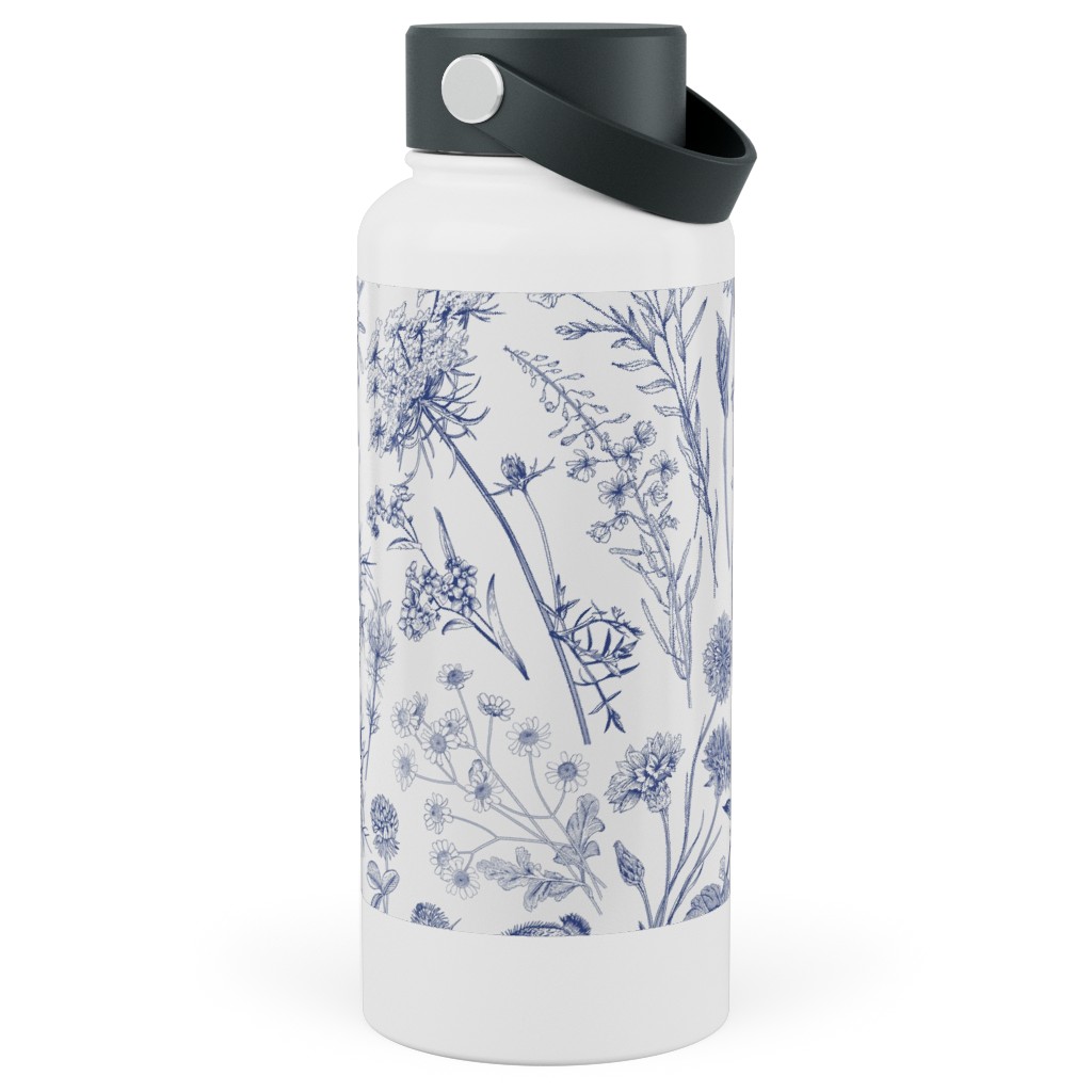 Wild Flowers - Blue Stainless Steel Wide Mouth Water Bottle, 30oz, Wide Mouth, Blue