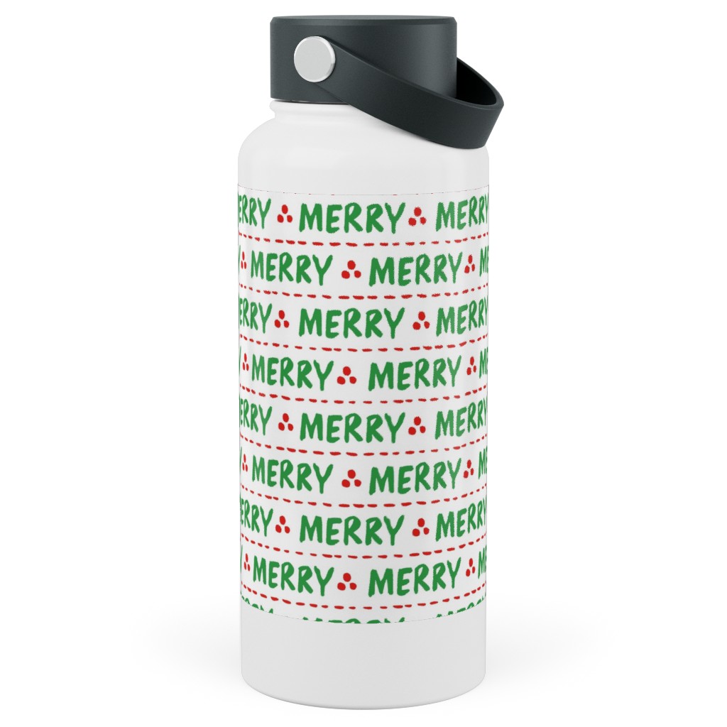 Hand Lettered Merry Stainless Steel Wide Mouth Water Bottle, 30oz, Wide Mouth, Green