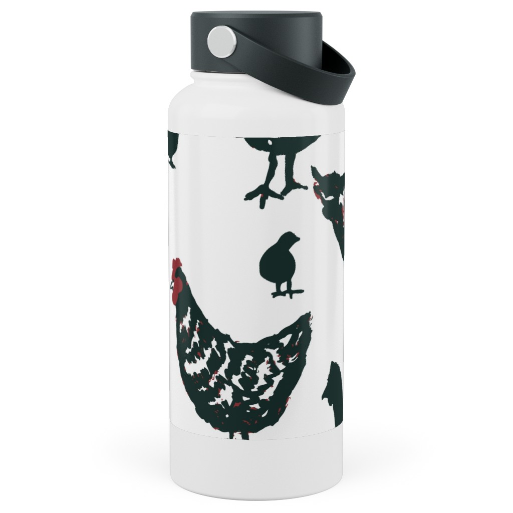 Chickens - Neutral Stainless Steel Wide Mouth Water Bottle, 30oz, Wide Mouth, Black, Black