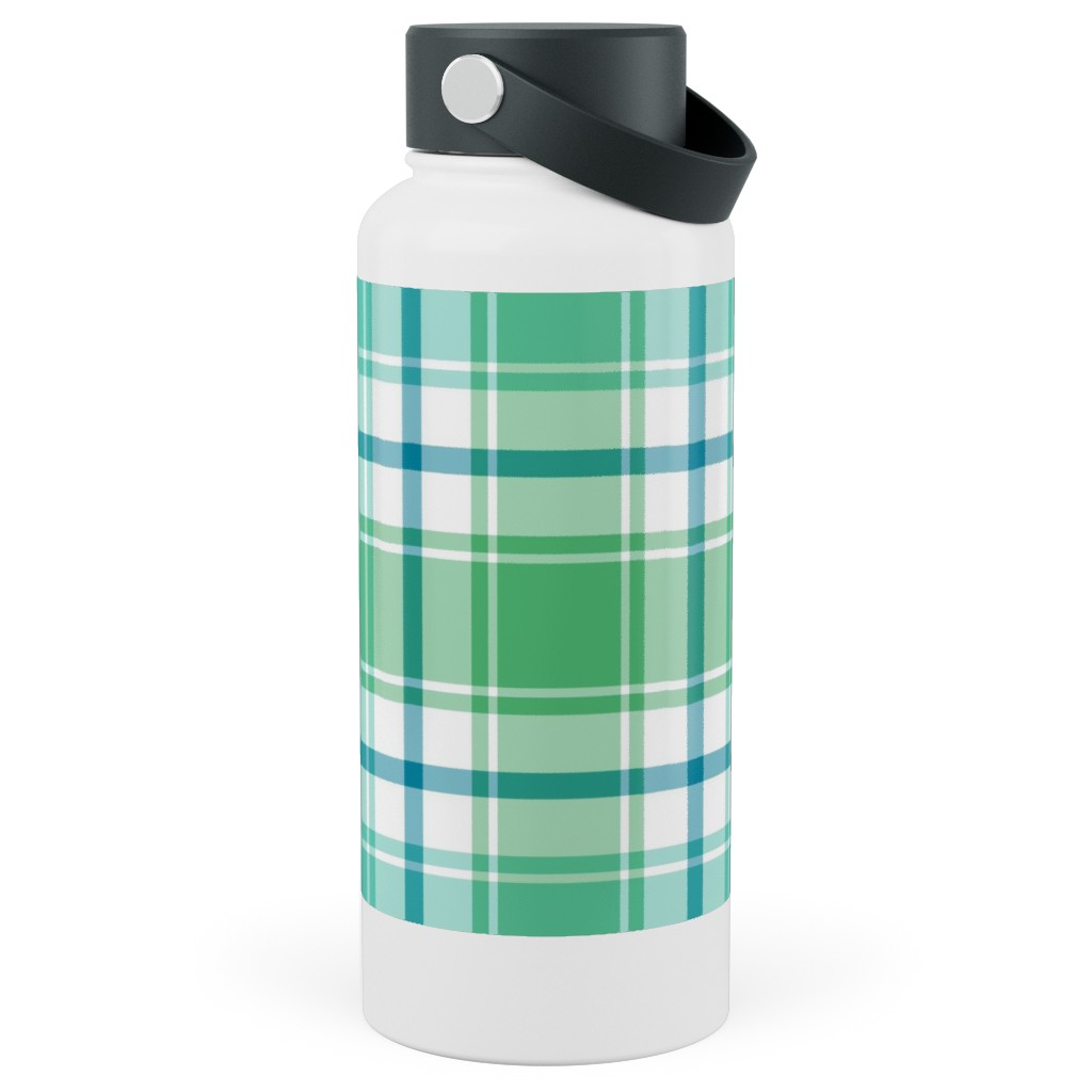 Blue, Green, Turquoise, and White Plaid Stainless Steel Wide Mouth Water Bottle, 30oz, Wide Mouth, Green