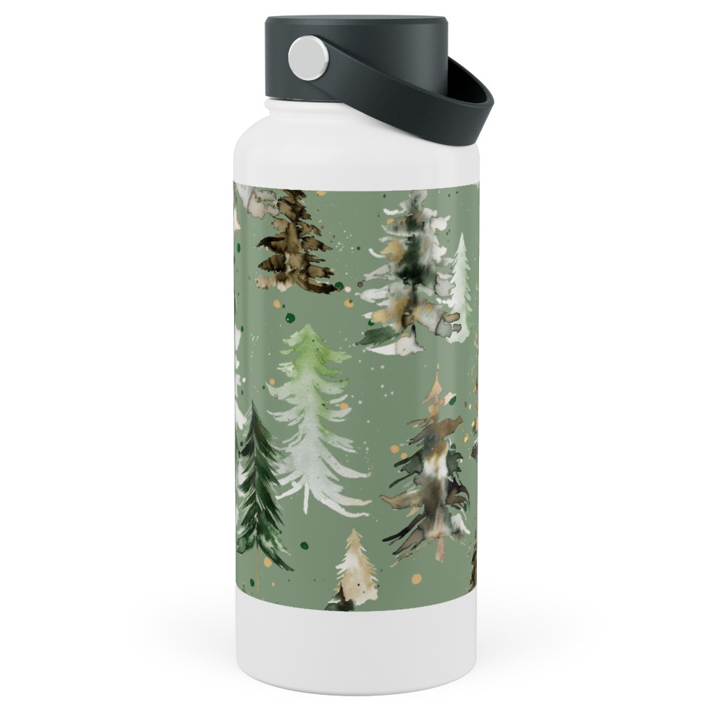 Watercolor Pines and Spruces Christmas - Green Stainless Steel Wide Mouth Water Bottle, 30oz, Wide Mouth, Green