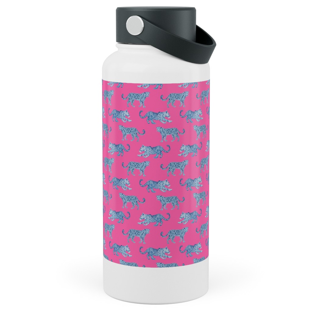 Tiny Leopard Parade - Blue on Hot Pink Stainless Steel Wide Mouth Water Bottle, 30oz, Wide Mouth, Pink