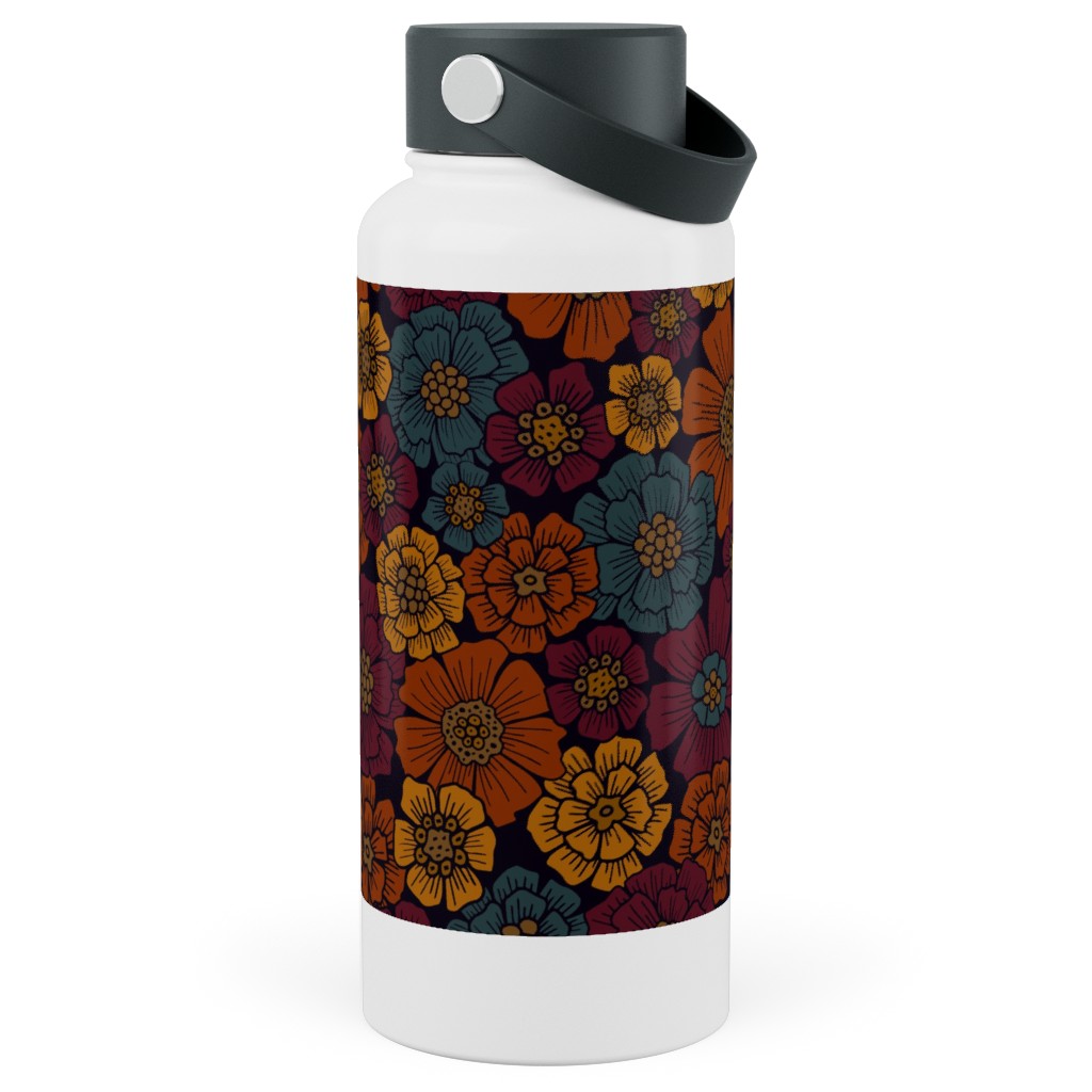 Burgundy, Rust, Mustard & Teal Floral Stainless Steel Wide Mouth Water Bottle, 30oz, Wide Mouth, Red, Red