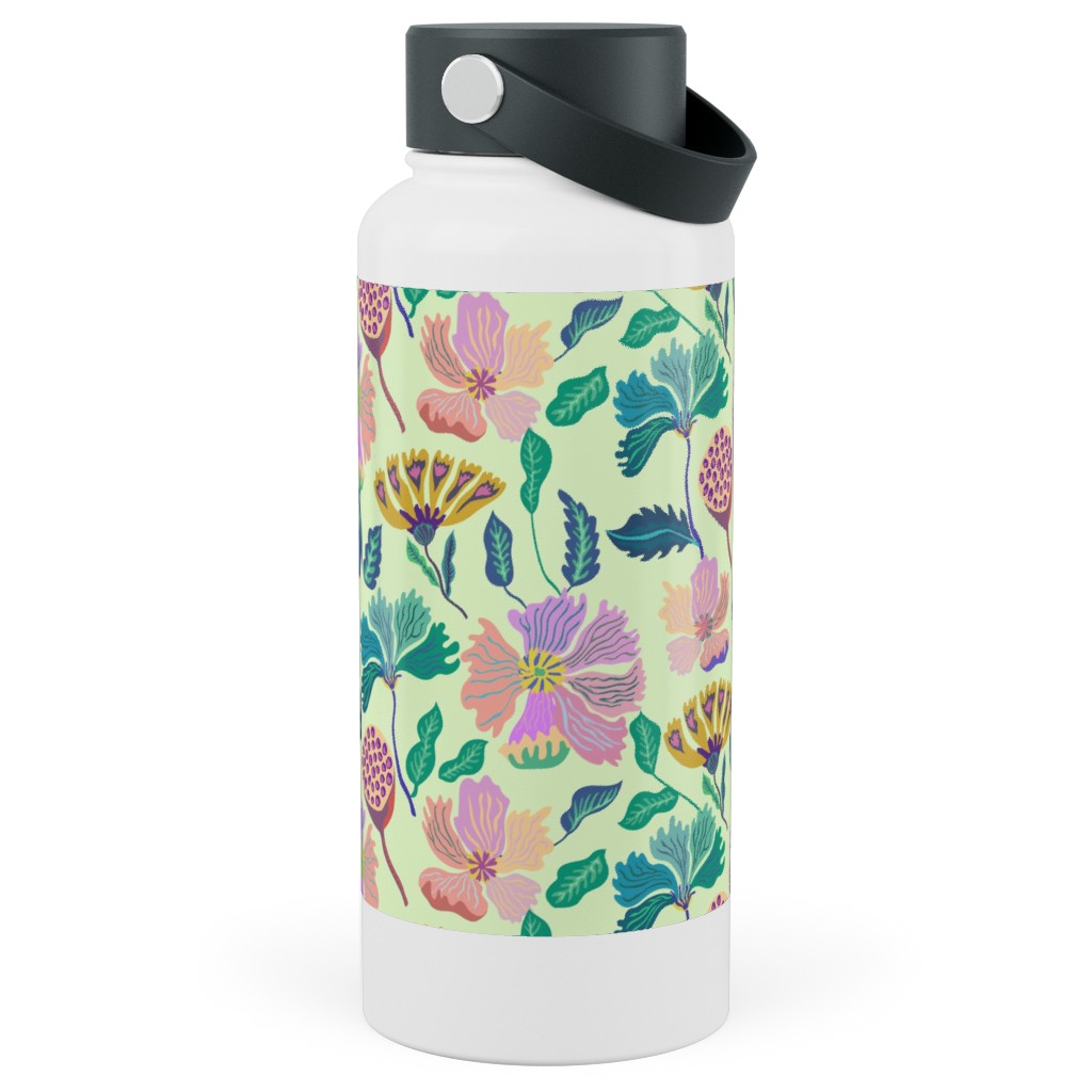 Indian Florals - Light Green Stainless Steel Wide Mouth Water Bottle, 30oz, Wide Mouth, Multicolor