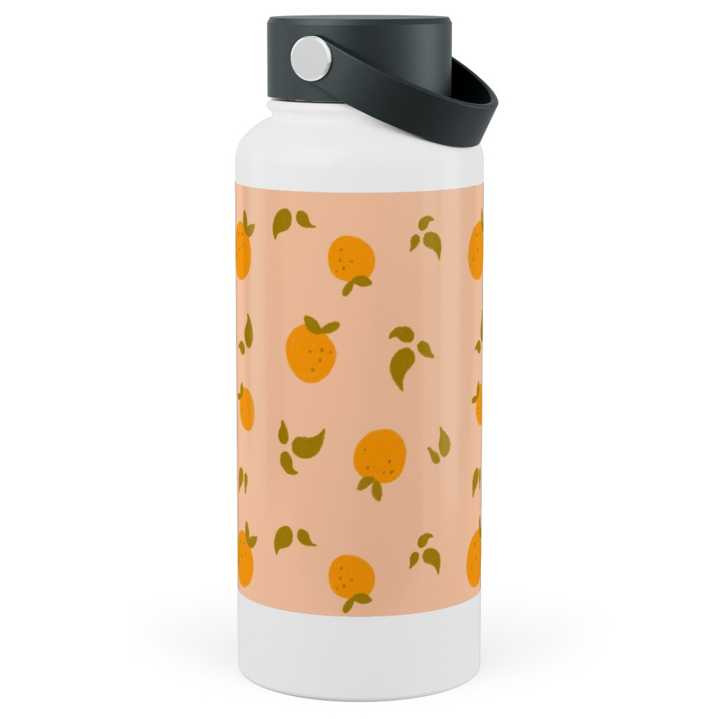Oranges & Leaves on Peach Stainless Steel Wide Mouth Water Bottle, 30oz, Wide Mouth, Orange, Orange