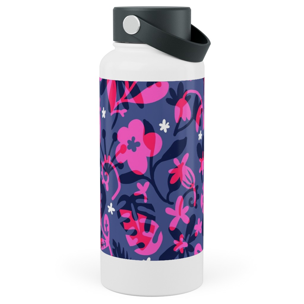 Tropical Floral - Fuchsia Stainless Steel Wide Mouth Water Bottle, 30oz, Wide Mouth, Pink