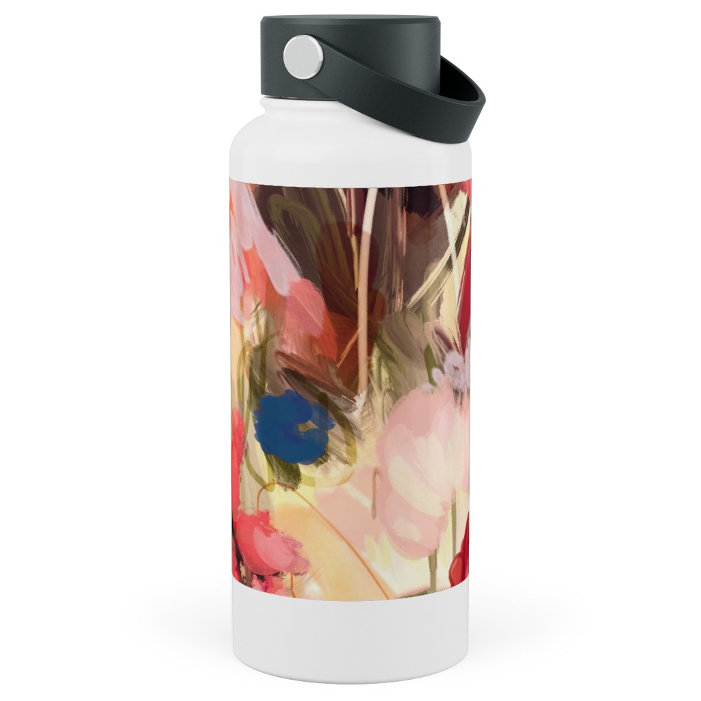 Painterly Abstract Floral Stainless Steel Wide Mouth Water Bottle, 30oz, Wide Mouth, Pink