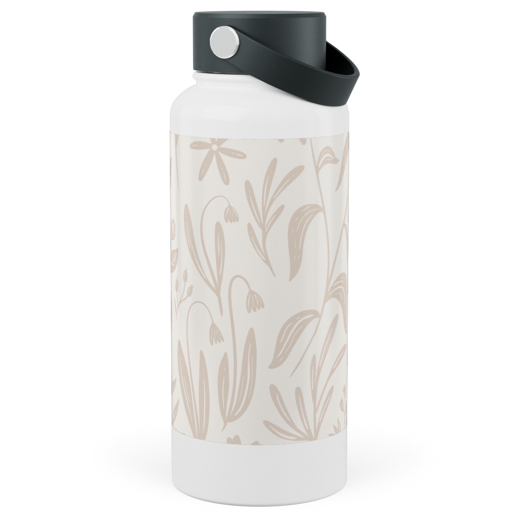 Wildflowers - Tan and Cream Stainless Steel Wide Mouth Water Bottle, 30oz, Wide Mouth, Beige