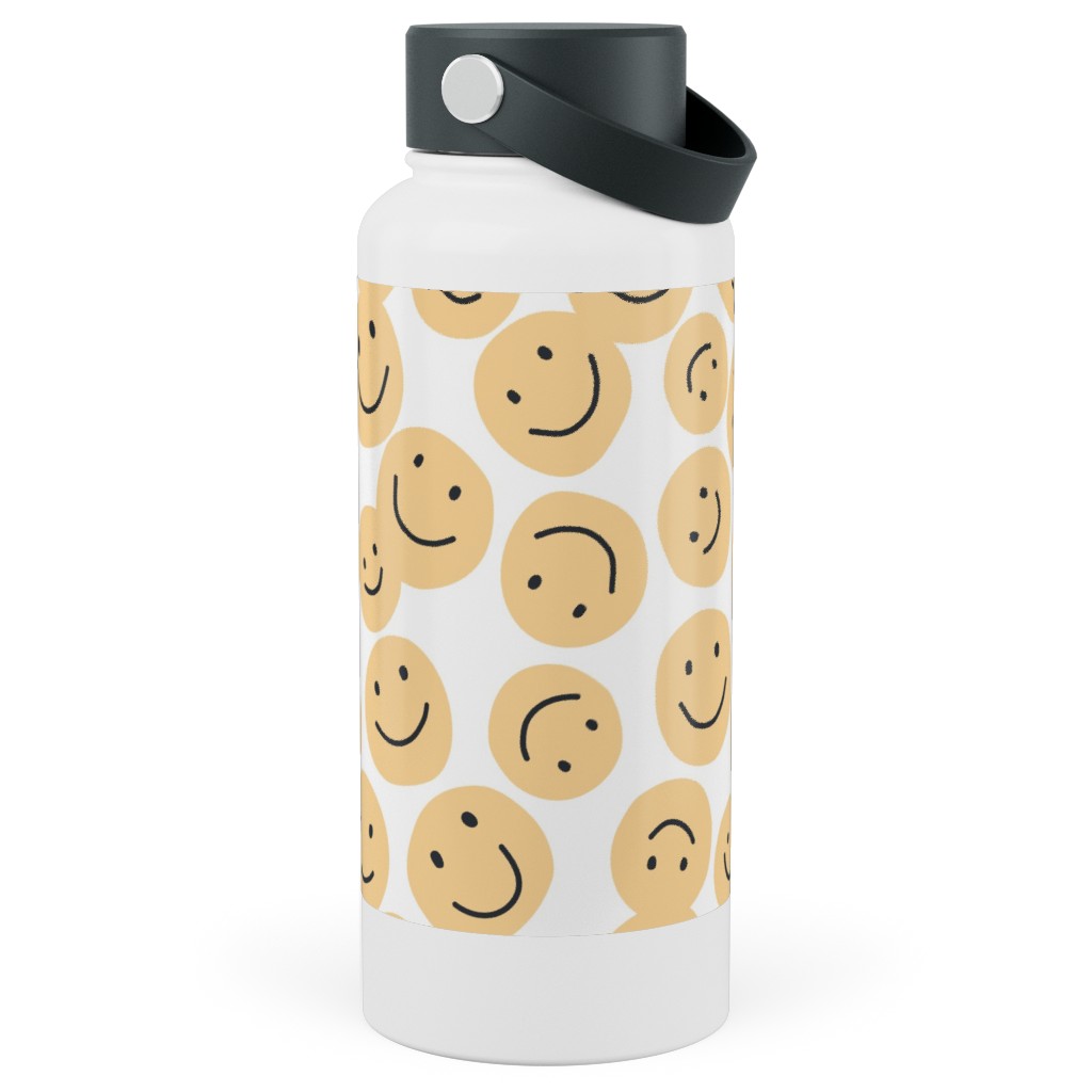 Happy Smiley Faces - Yellow Stainless Steel Wide Mouth Water Bottle, 30oz, Wide Mouth, Yellow
