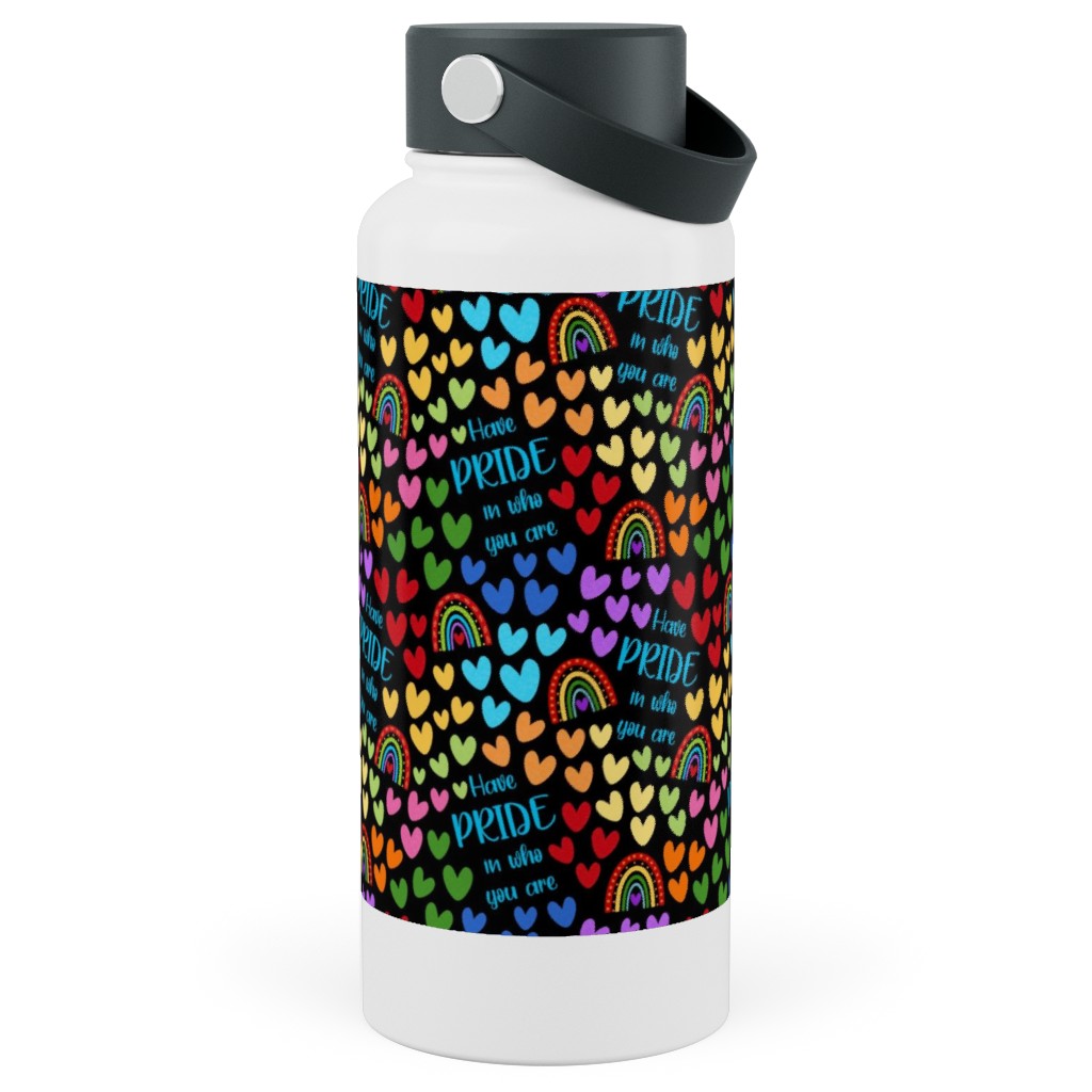 Have Pride in Who You Are Rainbows and Hearts Stainless Steel Wide Mouth Water Bottle, 30oz, Wide Mouth, Multicolor, Black