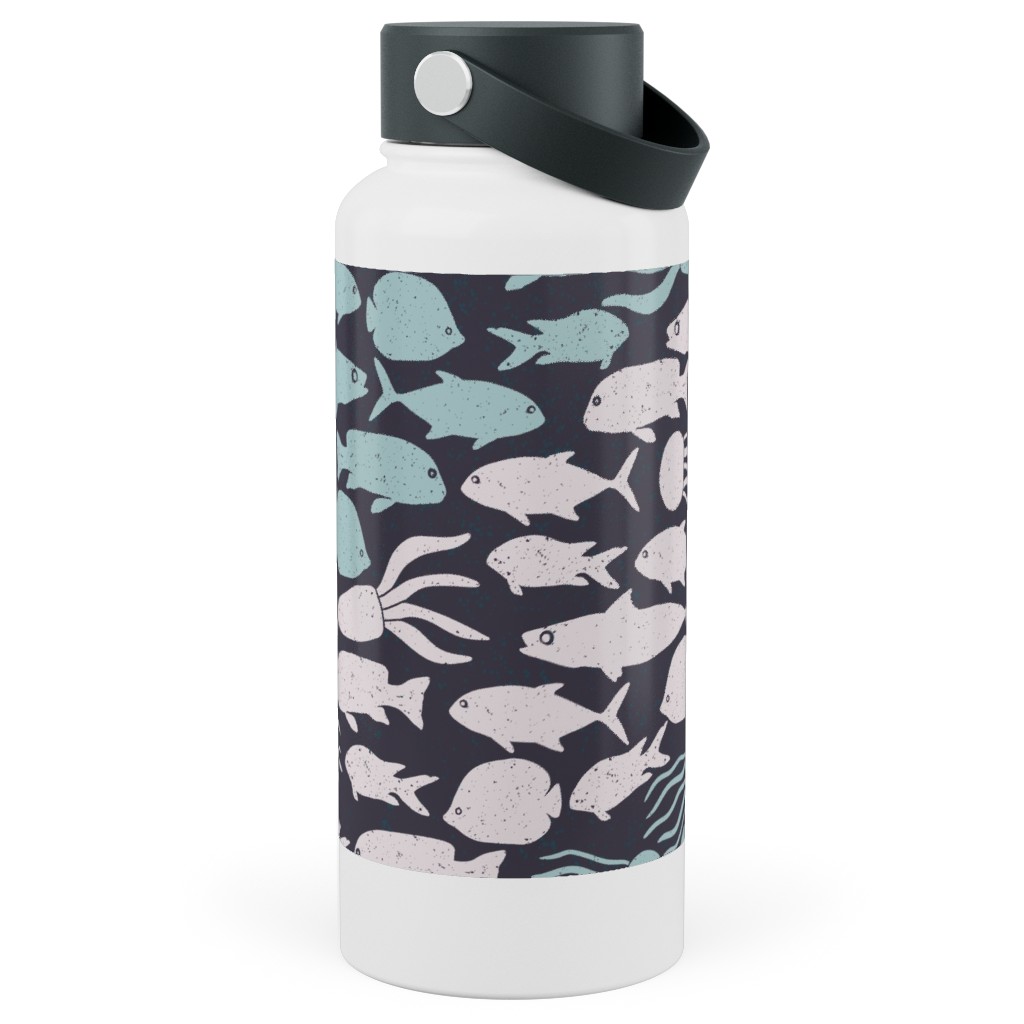 Fish School in Gray Aqua Dark Background Stainless Steel Wide Mouth Water Bottle, 30oz, Wide Mouth, Blue