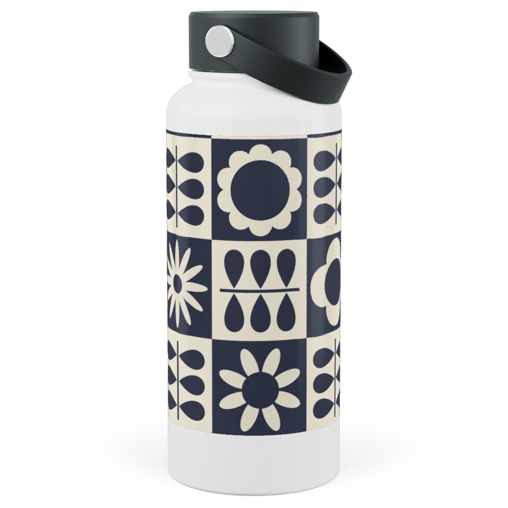Scandinavian Checker Blooms - Off White and Navy Stainless Steel Wide Mouth Water Bottle, 30oz, Wide Mouth, Black, Black