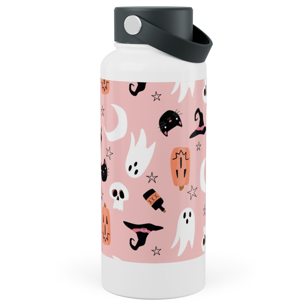 Sweet Halloween Pumpkin, Witch, Ghost, Cat Stainless Steel Wide Mouth Water Bottle, 30oz, Wide Mouth, Pink, Bright Pink
