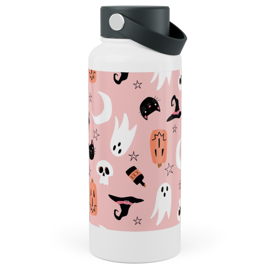 Sweet Halloween Pumpkin, Witch, Ghost, Cat Stainless Steel Wide Mouth Water Bottle, 30oz, Wide Mouth, Pink